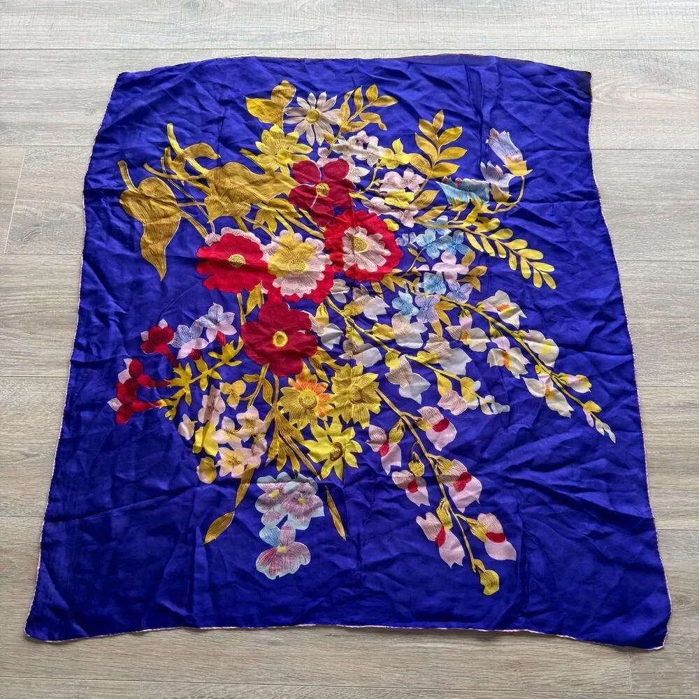 Vintage Purple Gold Red & Pink Floral Silk Square Scarf Old Money Coastal Granny